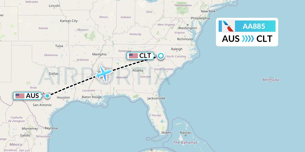 AA885 American Airlines Flight Map: Austin to Charlotte