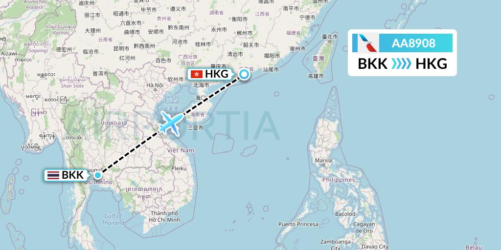 AA8908 American Airlines Flight Map: Bangkok to Hong Kong