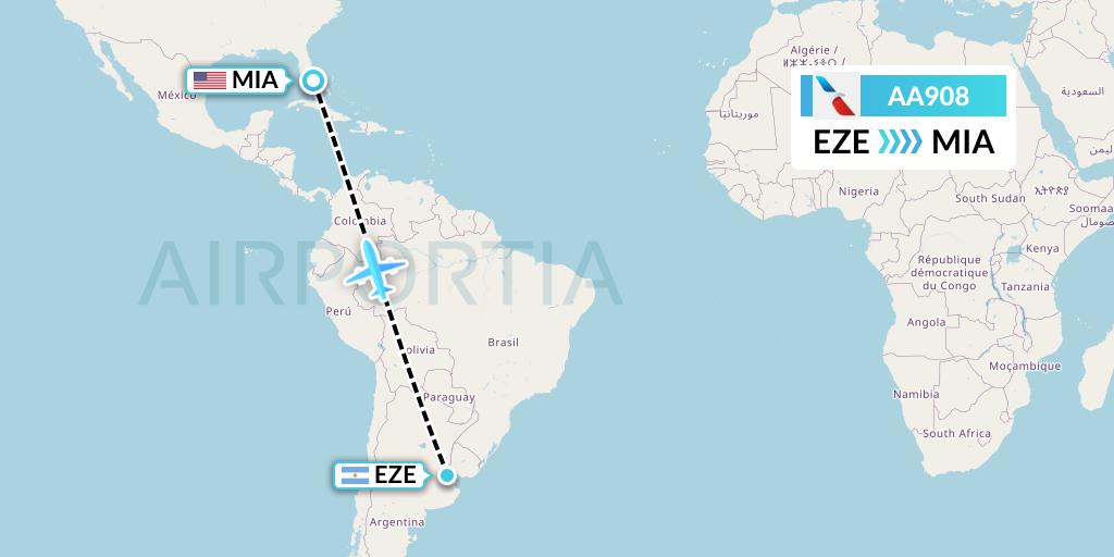 AA908 American Airlines Flight Map: Buenos Aires to Miami
