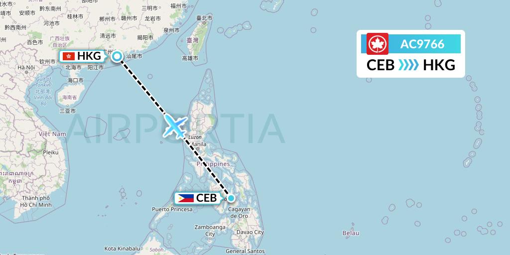 AC9766 Air Canada Flight Map: Cebu to Hong Kong