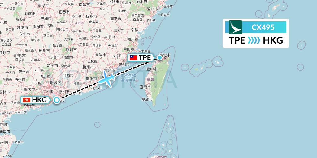 CX495 Cathay Pacific Flight Map: Taipei to Hong Kong