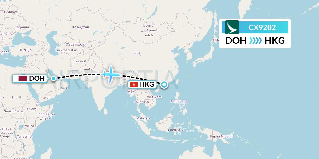 CX9202 Cathay Pacific Flight Map: Doha to Hong Kong