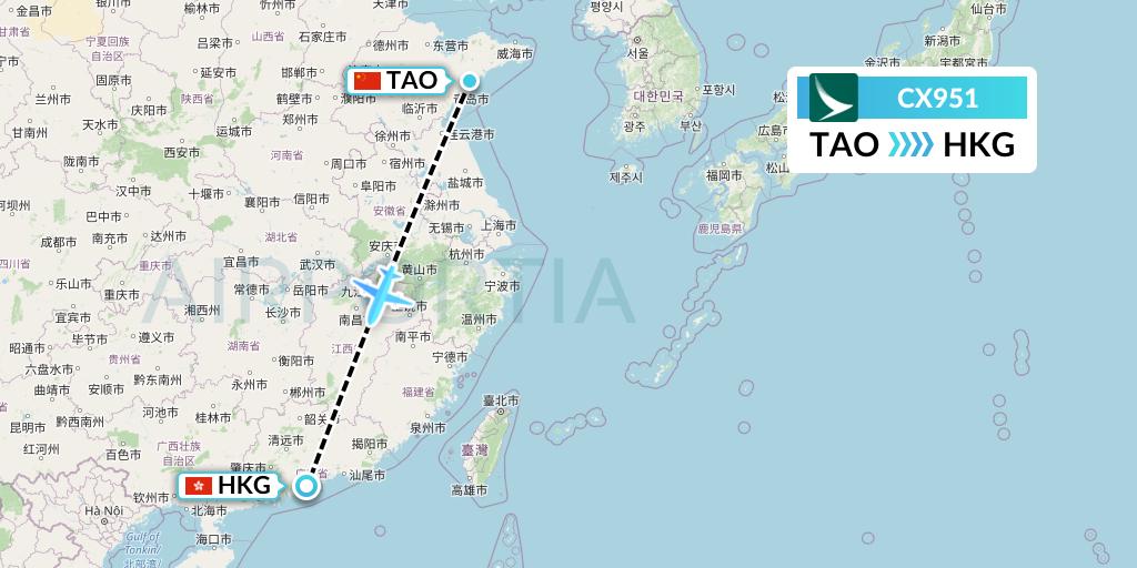 CX951 Cathay Pacific Flight Map: Qingdao to Hong Kong