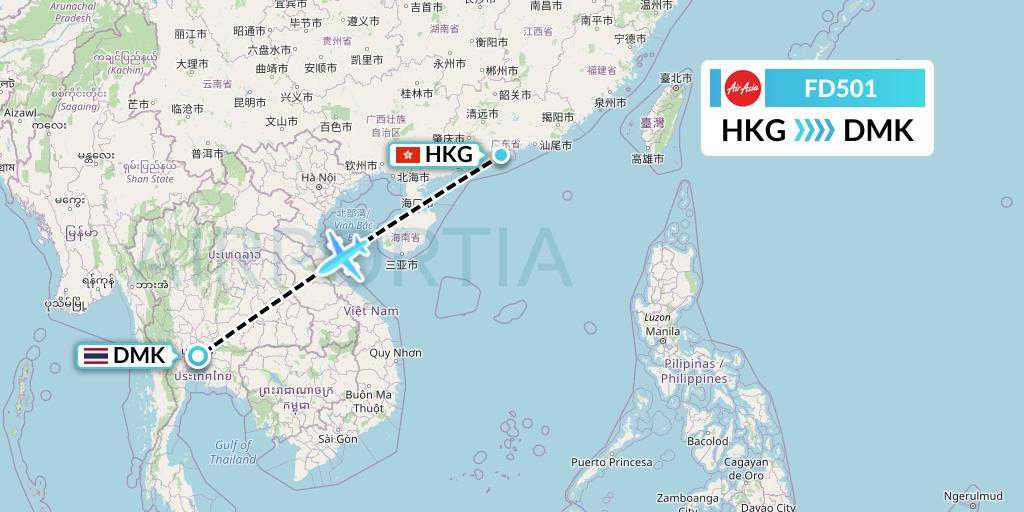 FD501 Thai AirAsia Flight Map: Hong Kong to Bangkok