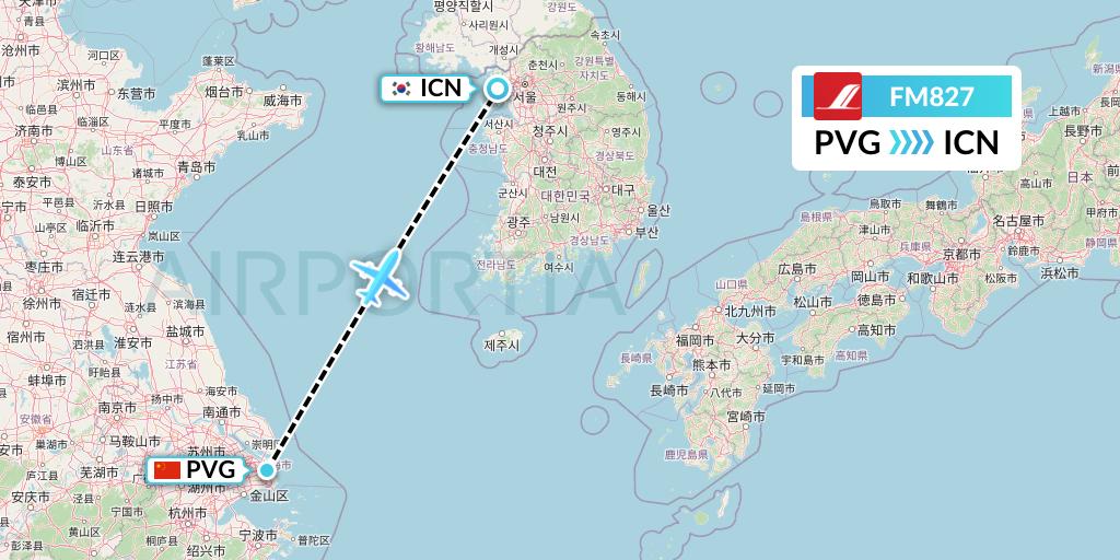 FM827 Shanghai Airlines Flight Map: Shanghai to Seoul