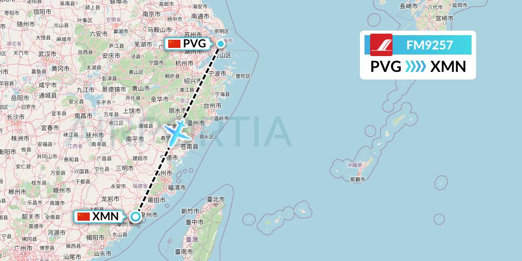 FM9257 Shanghai Airlines Flight Map: Shanghai to Xiamen