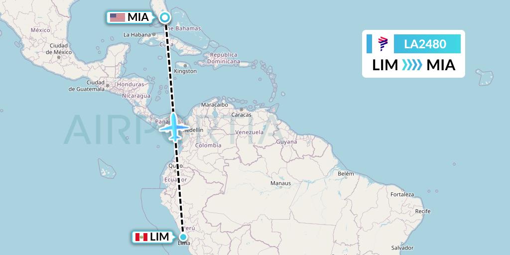 LA2480 LAN Airlines Flight Map: Lima to Miami