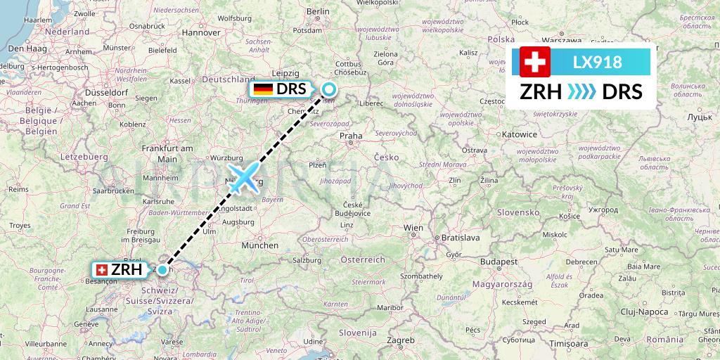 LX918 Swiss Flight Map: Zurich to Dresden