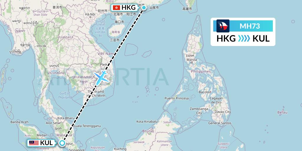 MH73 Malaysia Airlines Flight Map: Hong Kong to Kuala Lumpur
