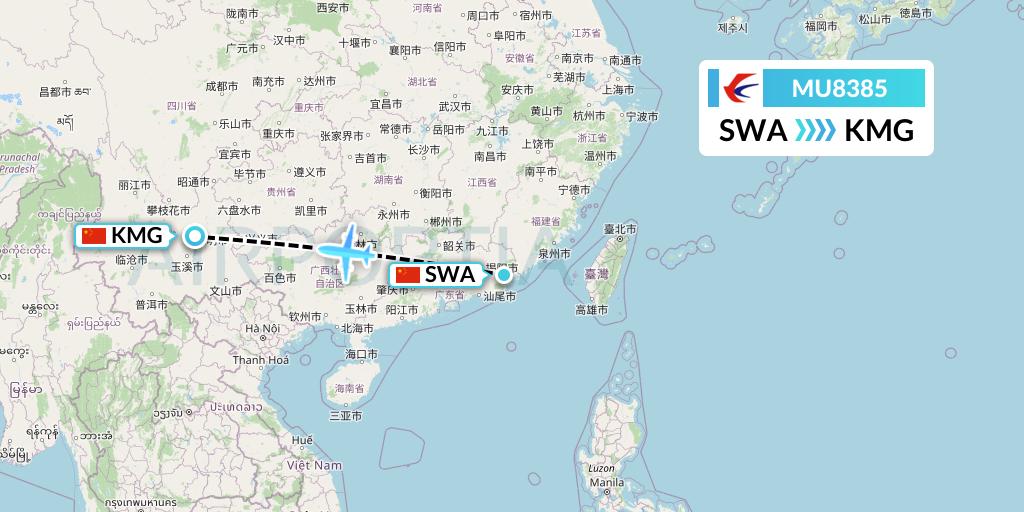 MU8385 China Eastern Airlines Flight Map: Jieyang to Kunming