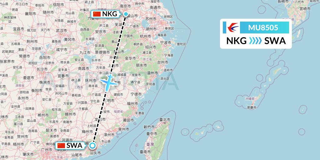MU8505 China Eastern Airlines Flight Map: Nanjing to Jieyang
