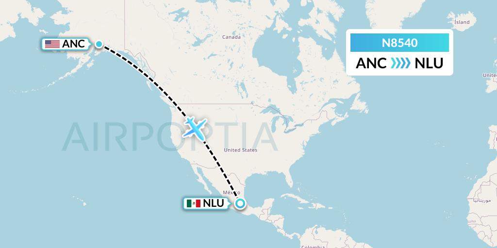 N8540 National Airlines Flight Map: Anchorage to Reyes Acozac