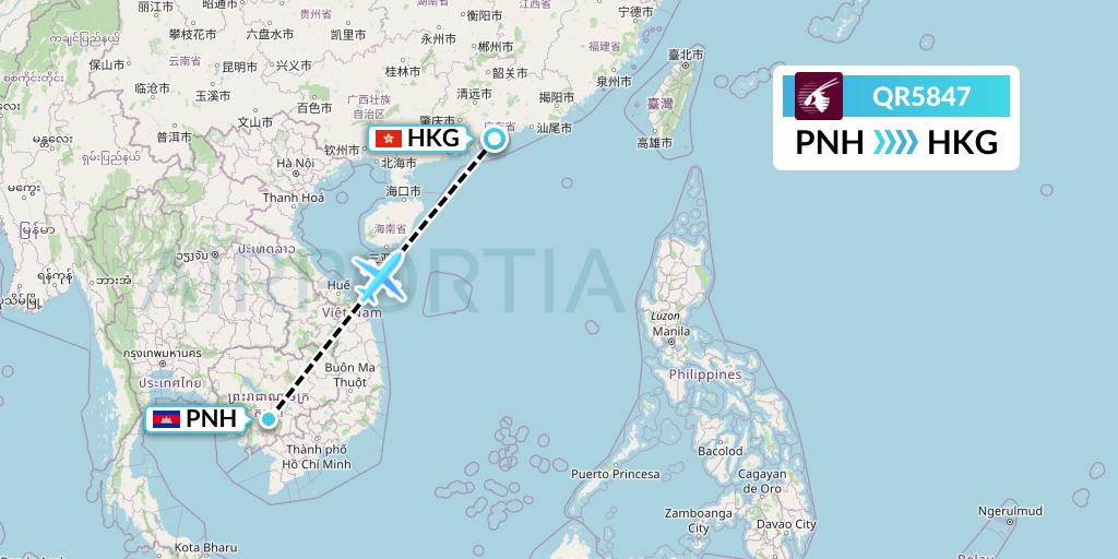 QR5847 Qatar Airways Flight Map: Phnom Penh to Hong Kong
