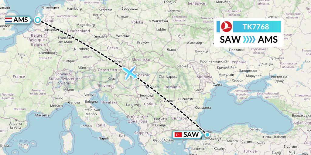 TK7768 Turkish Airlines Flight Map: Istanbul to Amsterdam