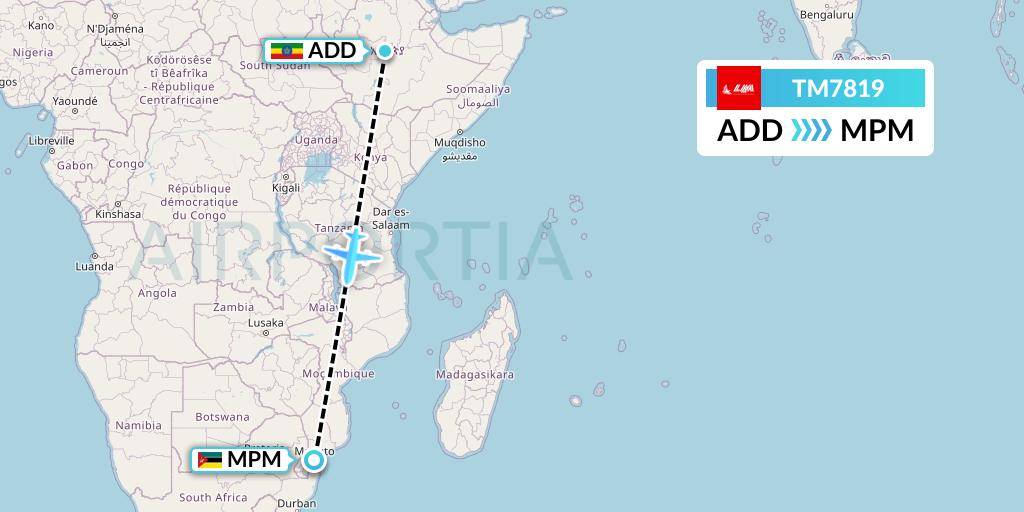 TM7819 LAM Mozambique Airlines Flight Map: Addis Ababa to Maputo