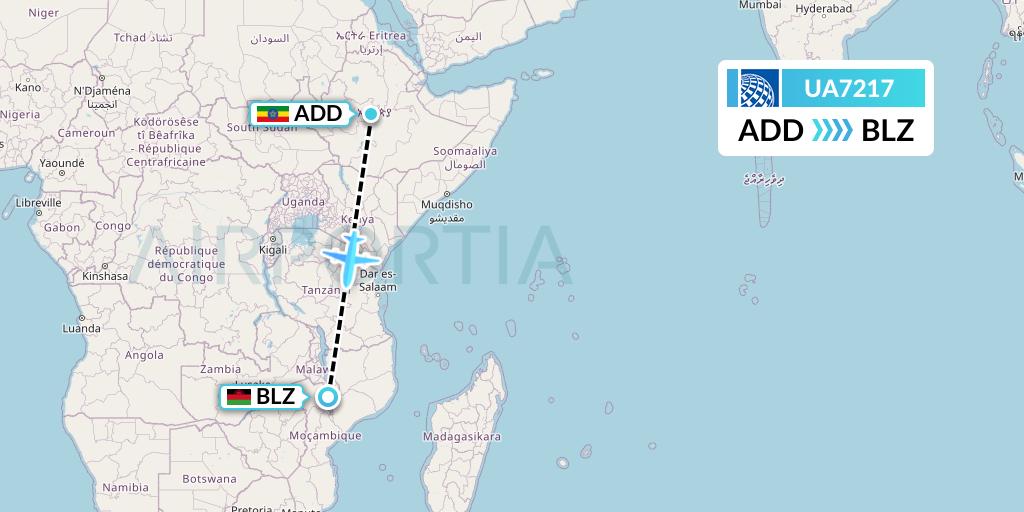 UA7217 United Airlines Flight Map: Addis Ababa to Blantyre